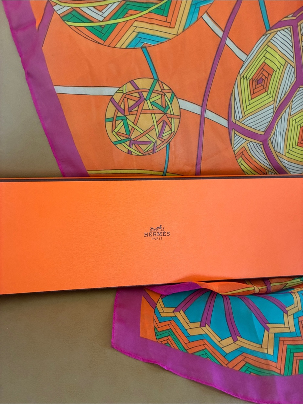 Hermes Orange, Purple, Turquoise Silk Scarf